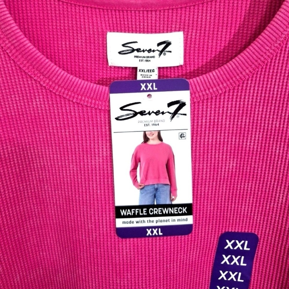 SEVEN 7 Women Plus Waffle Crewneck/Stonewashed Mottled Dye/Thumb Holes/Hot Pink - Picture 2 of 7